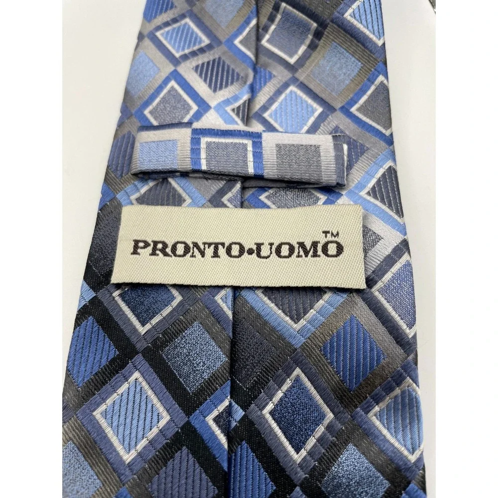 Pronto Uomo Mens Silk Tie Blue Silver Grey Geometric Square Pattern Necktie